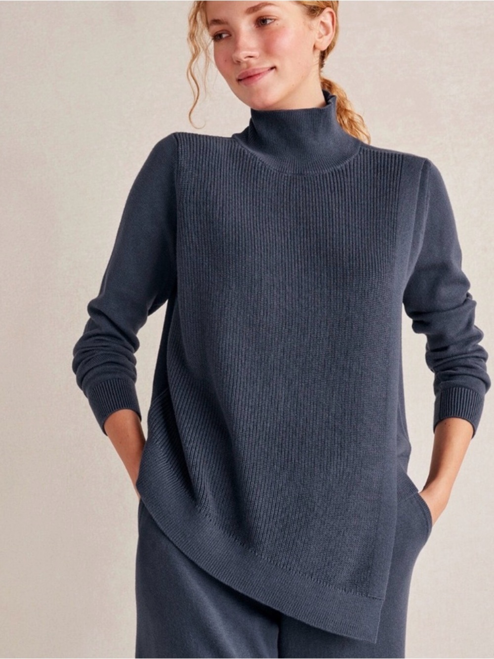 Haven Well Within‎ Women's Blue Gray Cotton Cashmere Blend Turtleneck Sweater